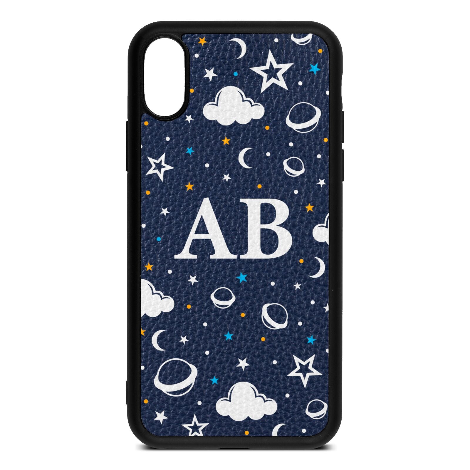 Astronomical Initials Navy Blue Pebble Leather iPhone Xs Case