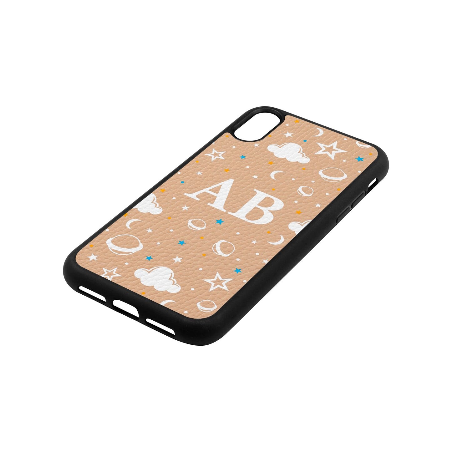 Astronomical Initials Nude Pebble Leather iPhone Xr Case Side Angle