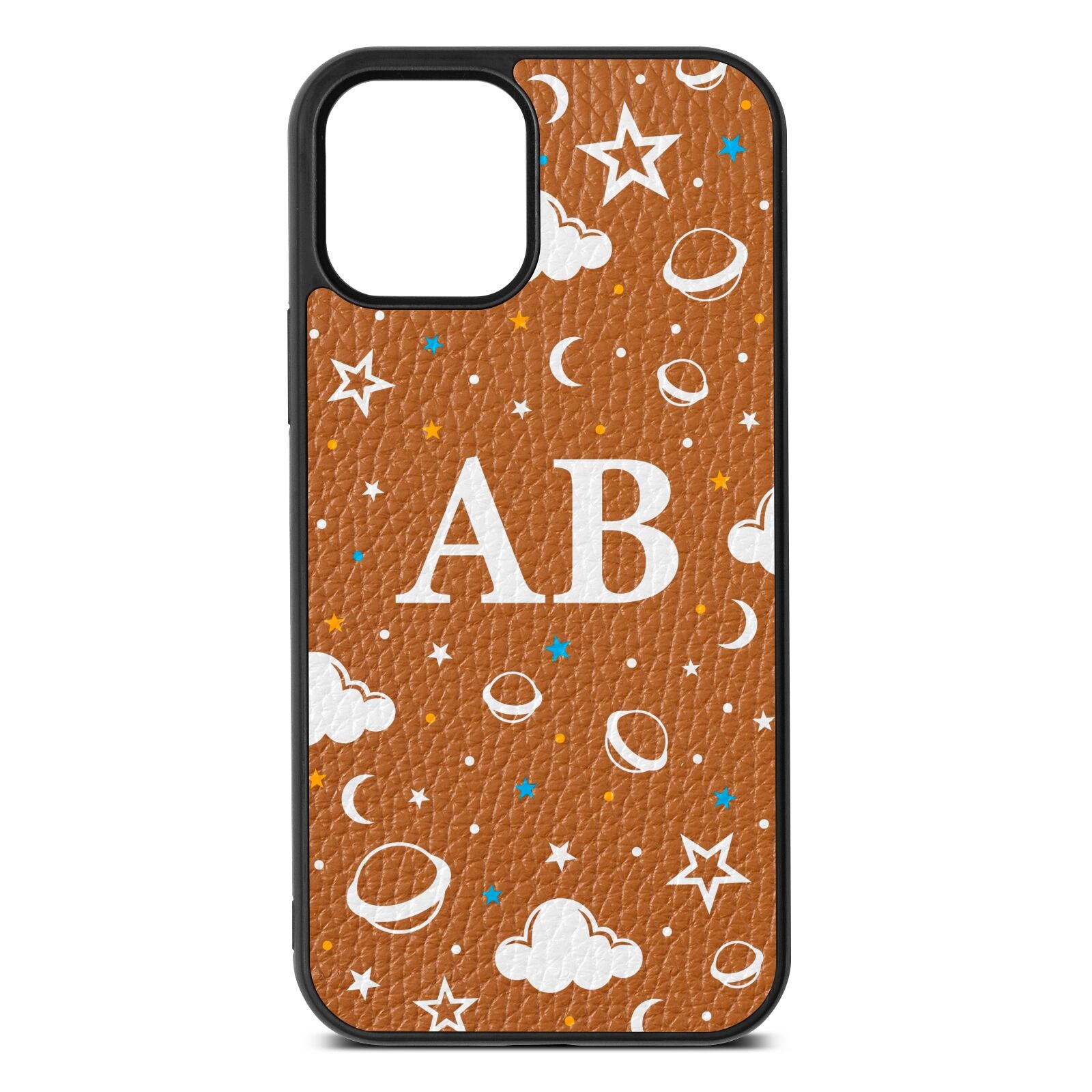 Astronomical Initials Tan Pebble Leather iPhone 12 Case