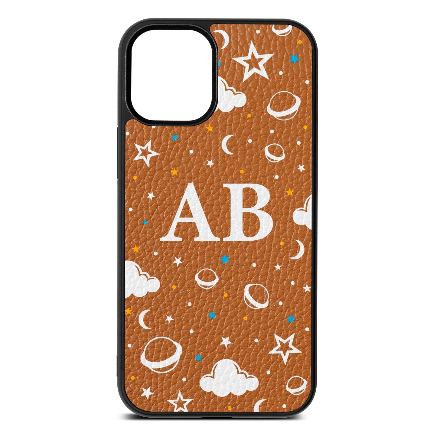 Astronomical Initials Tan Pebble Leather iPhone 12 Mini Case