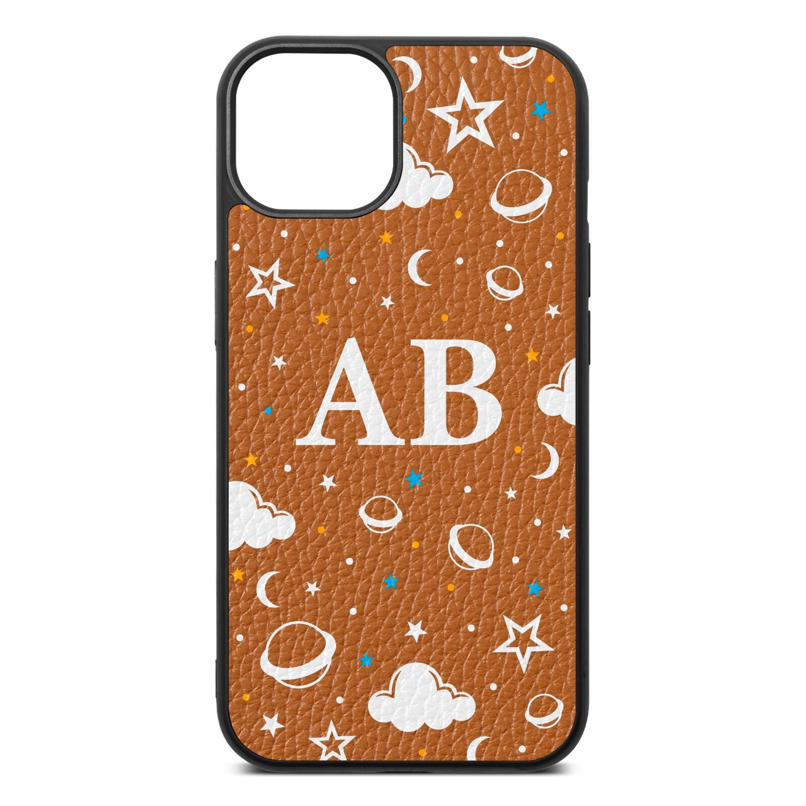 Astronomical Initials Tan Pebble Leather iPhone 13 Case