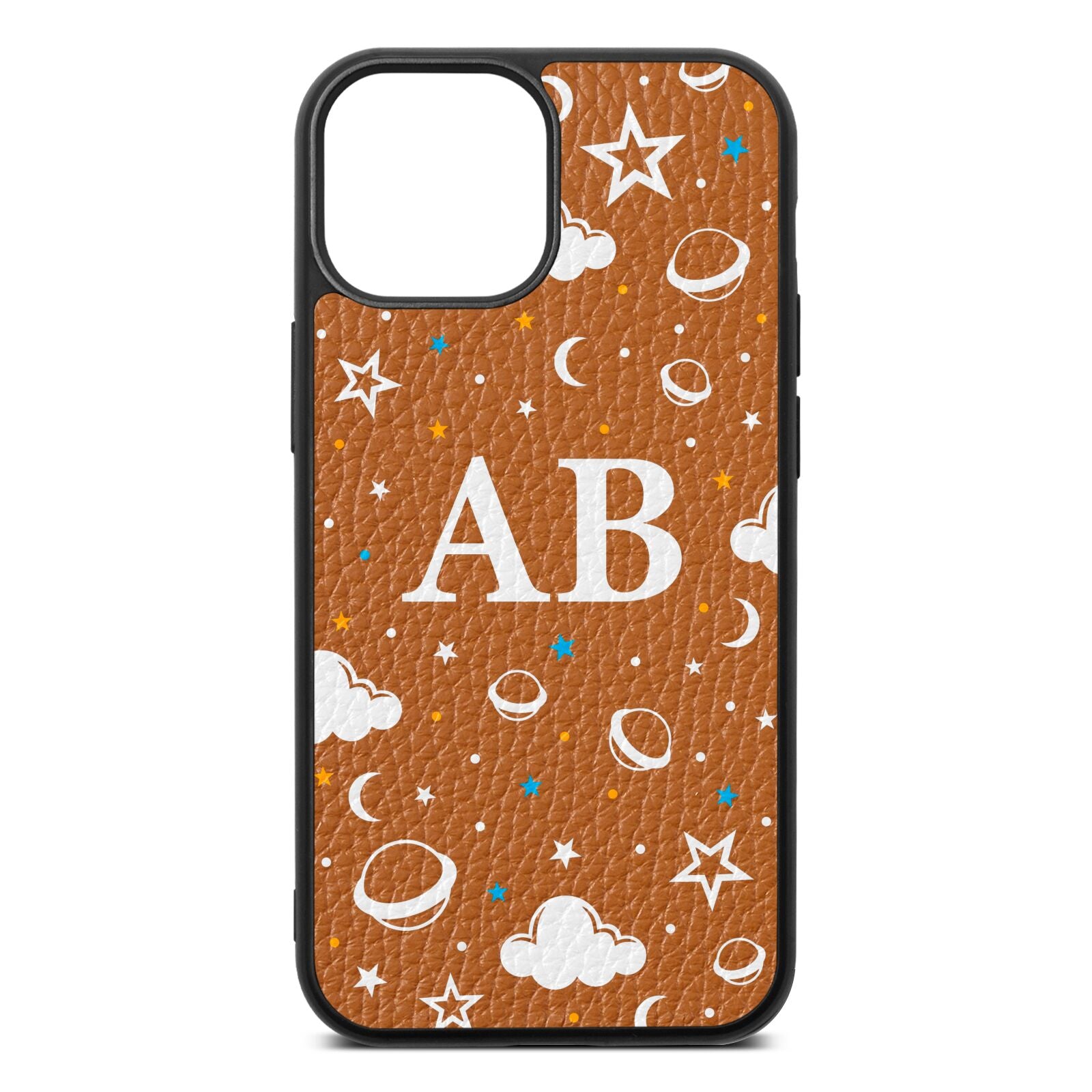 Astronomical Initials Tan Pebble Leather iPhone 13 Mini Case