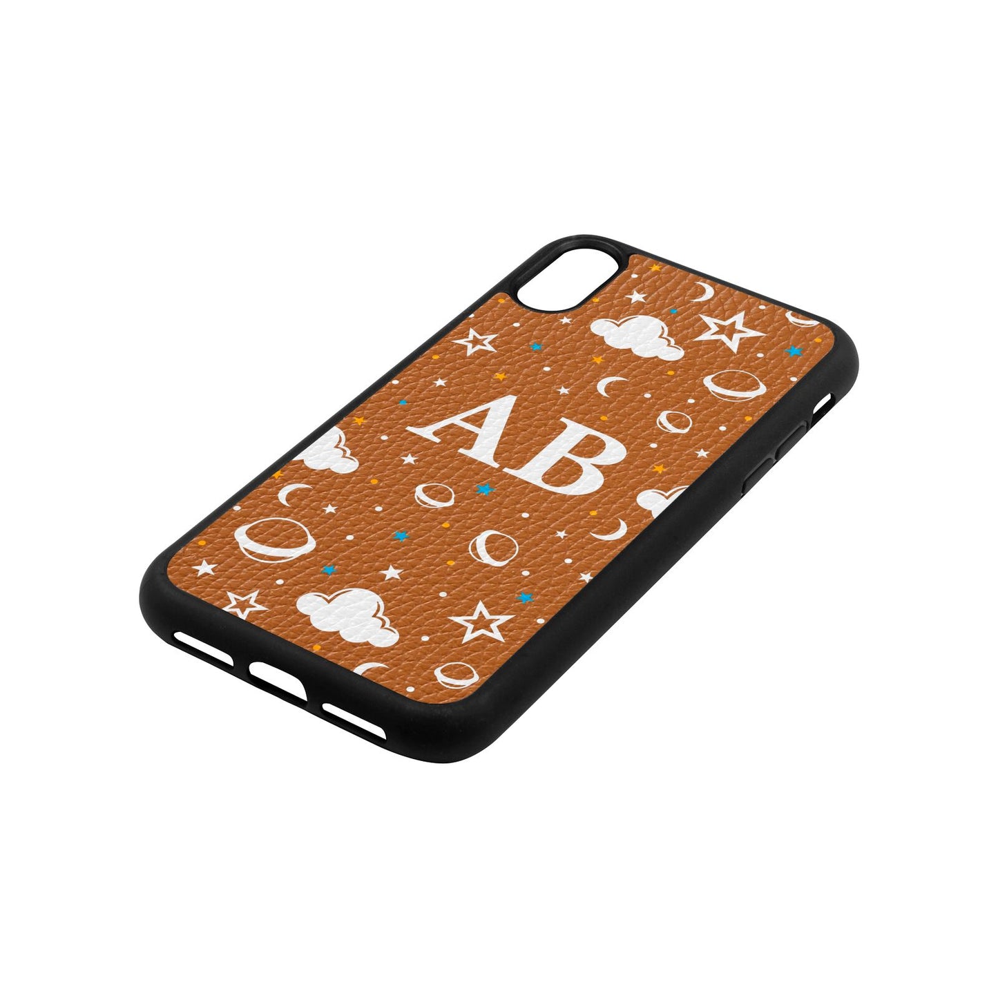 Astronomical Initials Tan Pebble Leather iPhone Xr Case Side Angle
