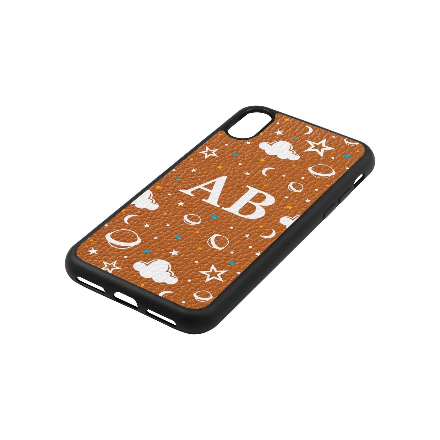 Astronomical Initials Tan Pebble Leather iPhone Xs Case Side Angle