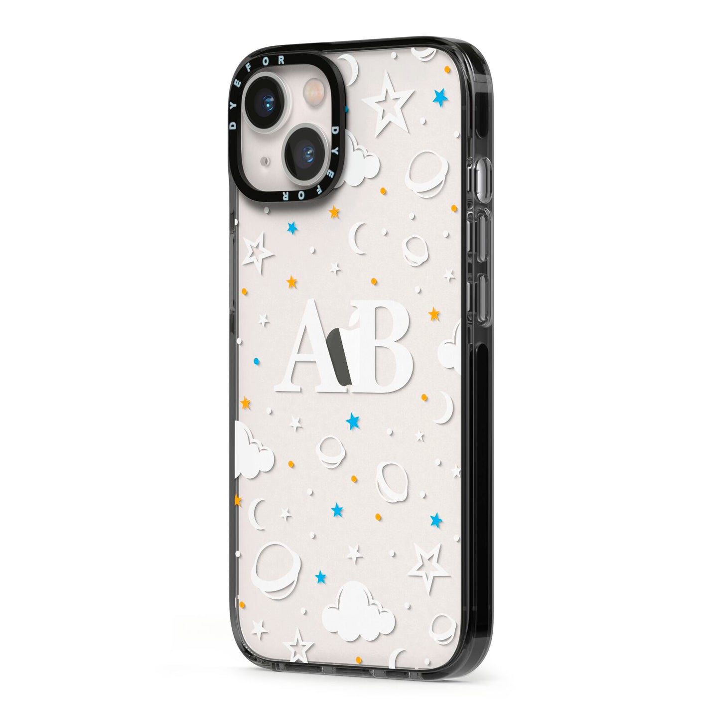 Astronomical Initials iPhone 13 Black Impact Case Side Angle on Silver phone
