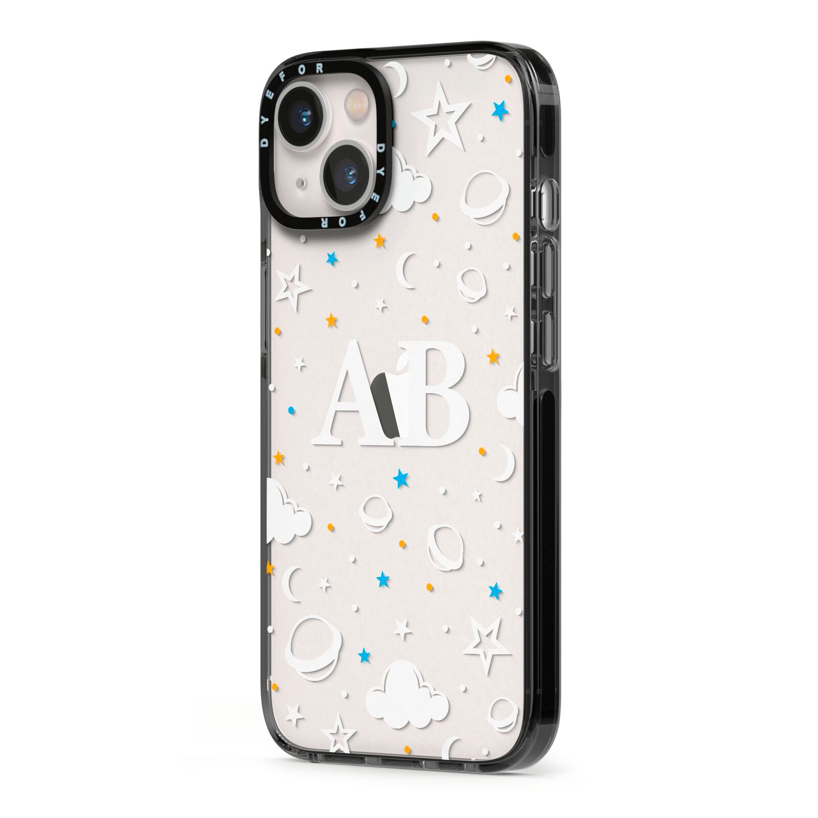 Astronomical Initials iPhone 13 Black Impact Case Side Angle on Silver phone