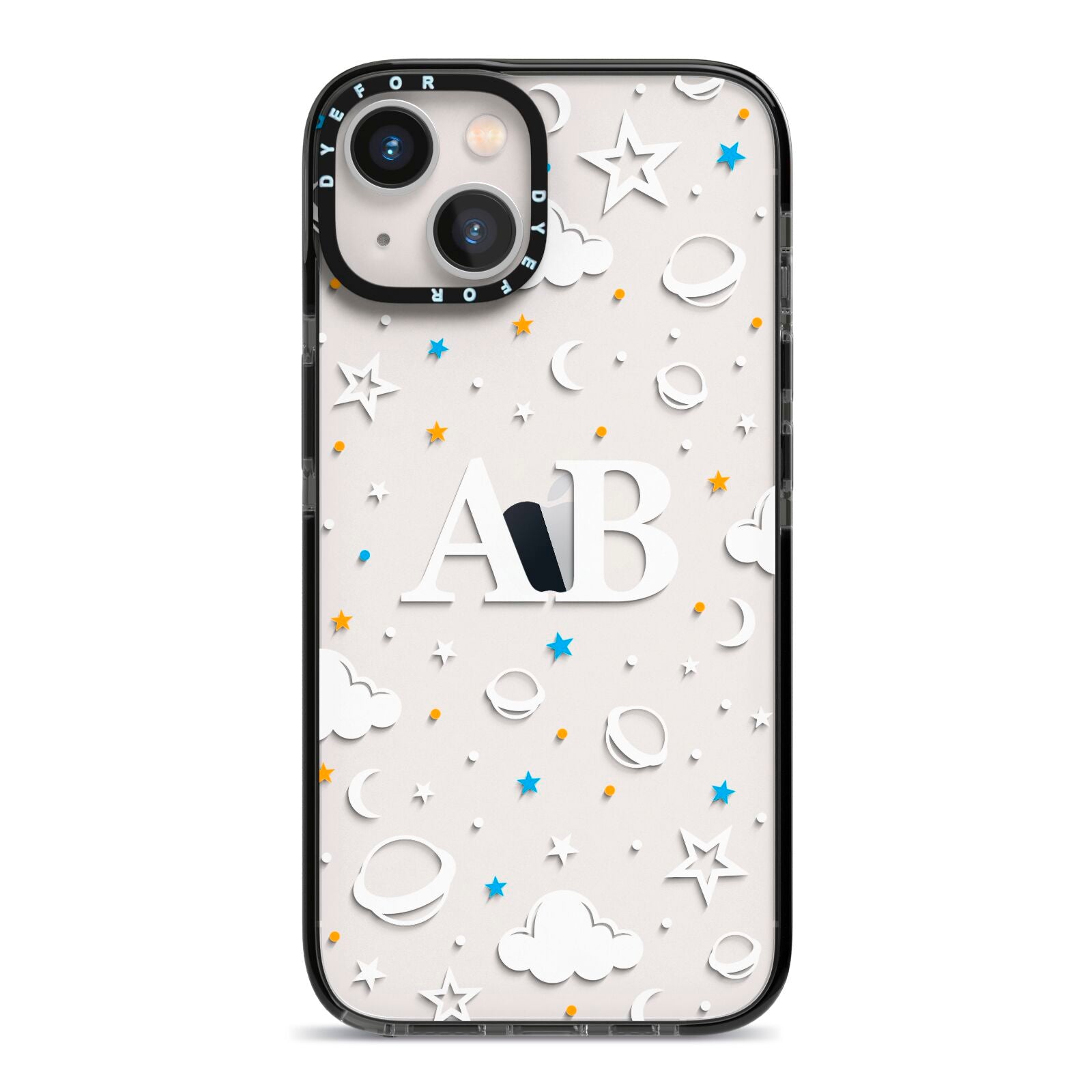 Astronomical Initials iPhone 13 Black Impact Case on Silver phone