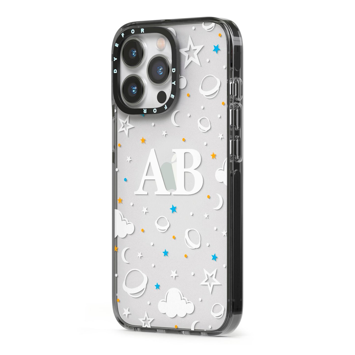 Astronomical Initials iPhone 13 Pro Black Impact Case Side Angle on Silver phone