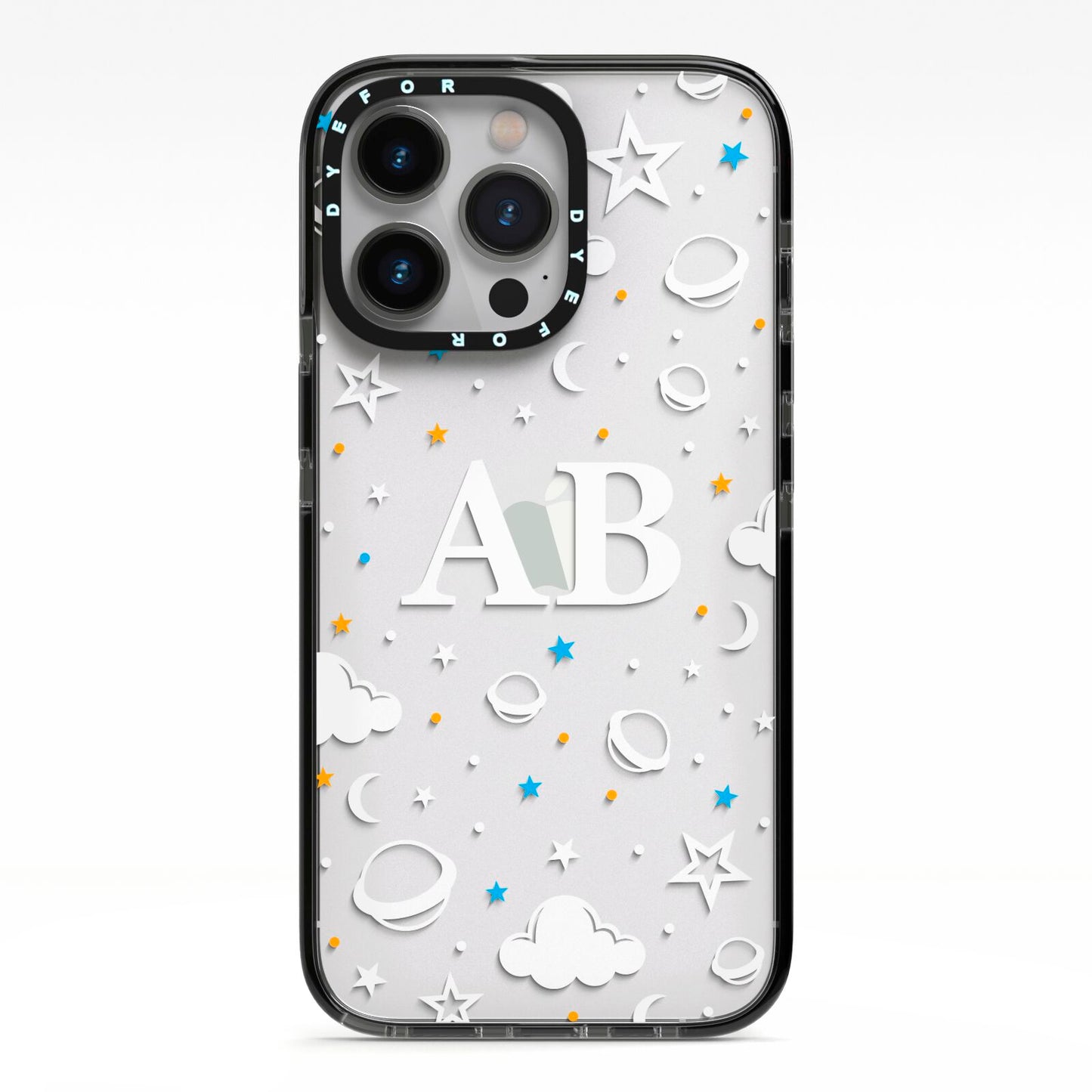 Astronomical Initials iPhone 13 Pro Black Impact Case on Silver phone