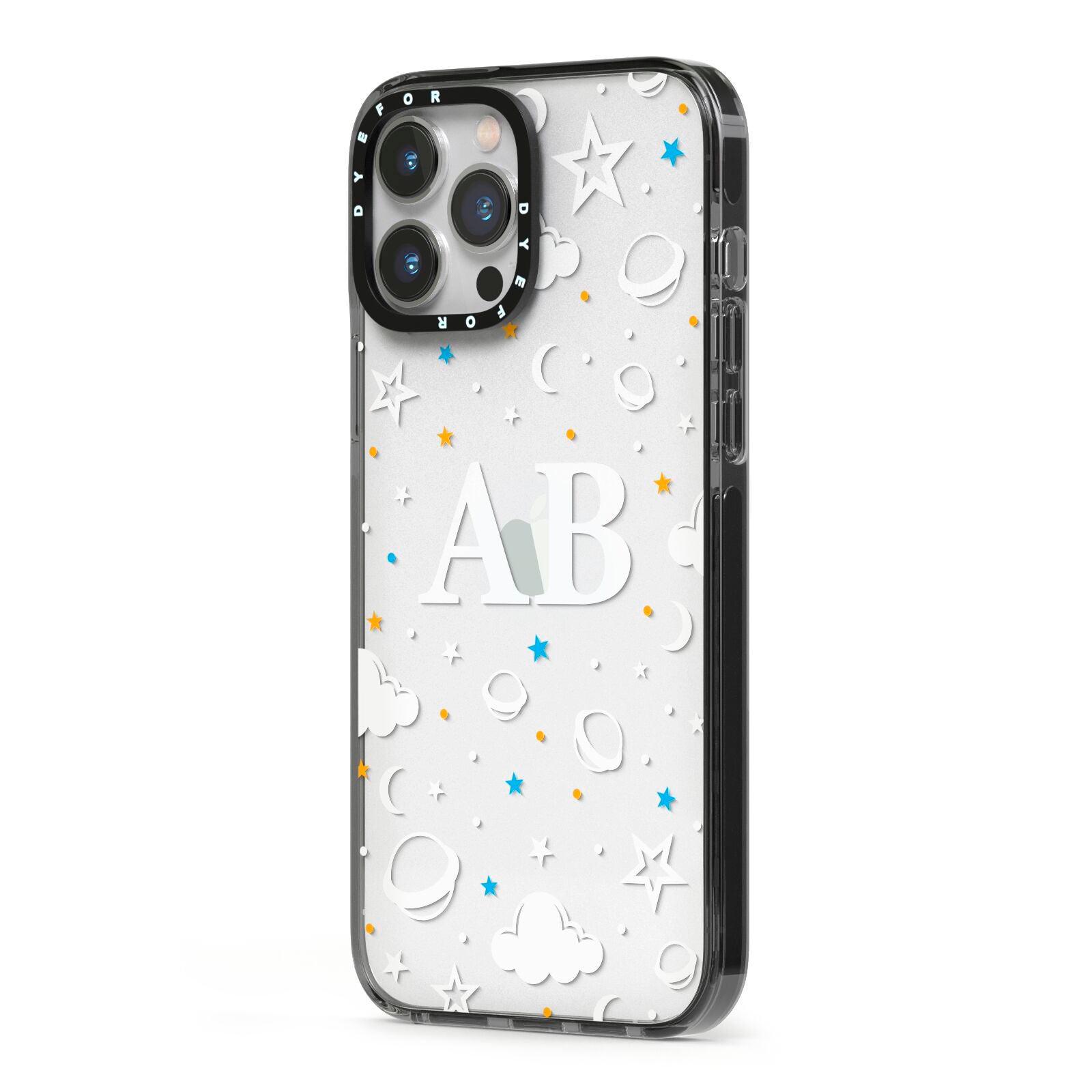 Astronomical Initials iPhone 13 Pro Max Black Impact Case Side Angle on Silver phone