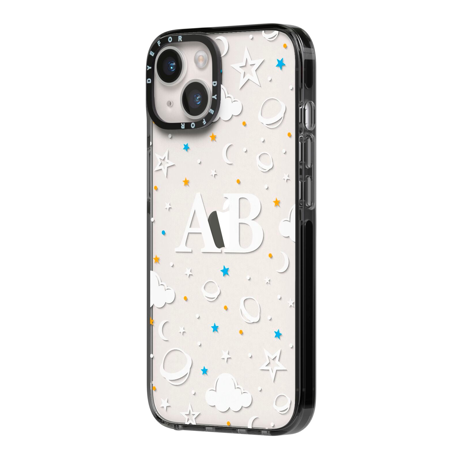 Astronomical Initials iPhone 14 Black Impact Case Side Angle on Silver phone