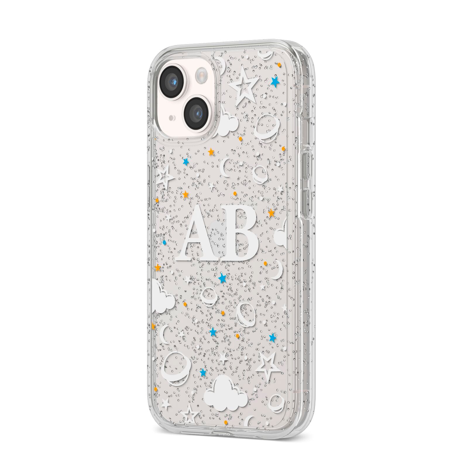 Astronomical Initials iPhone 14 Glitter Tough Case Starlight Angled Image