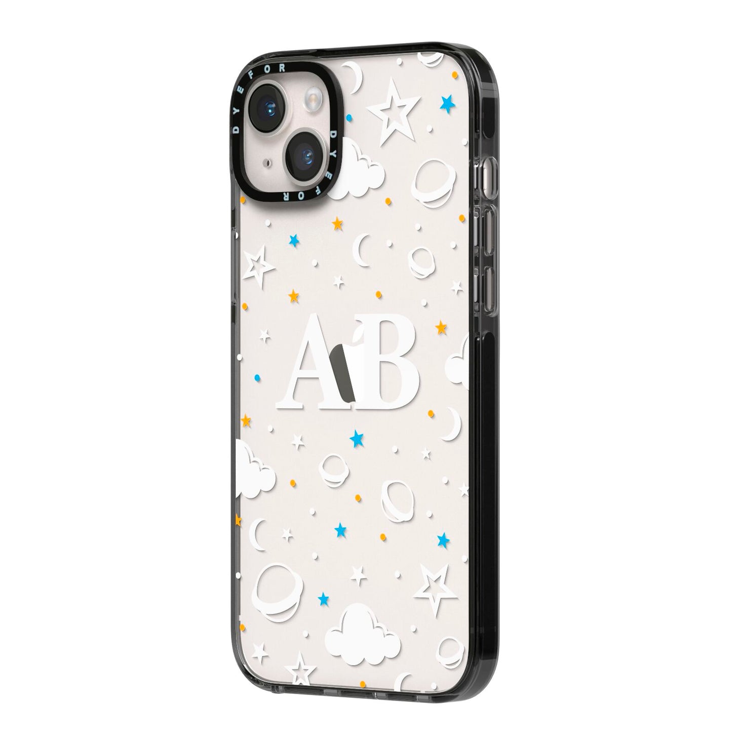 Astronomical Initials iPhone 14 Plus Black Impact Case Side Angle on Silver phone