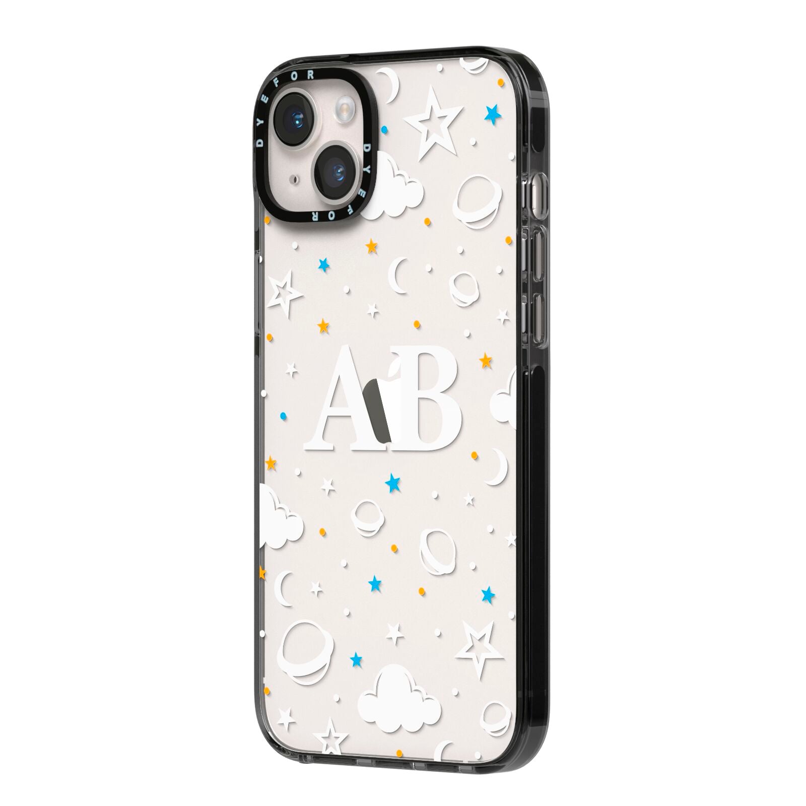 Astronomical Initials iPhone 14 Plus Black Impact Case Side Angle on Silver phone