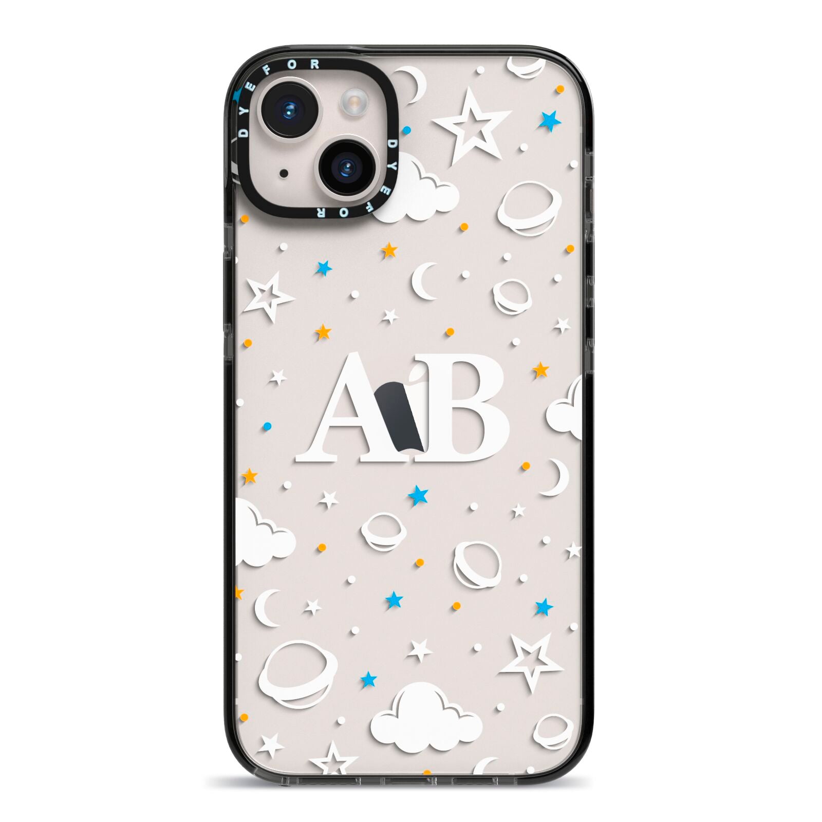 Astronomical Initials iPhone 14 Plus Black Impact Case on Silver phone