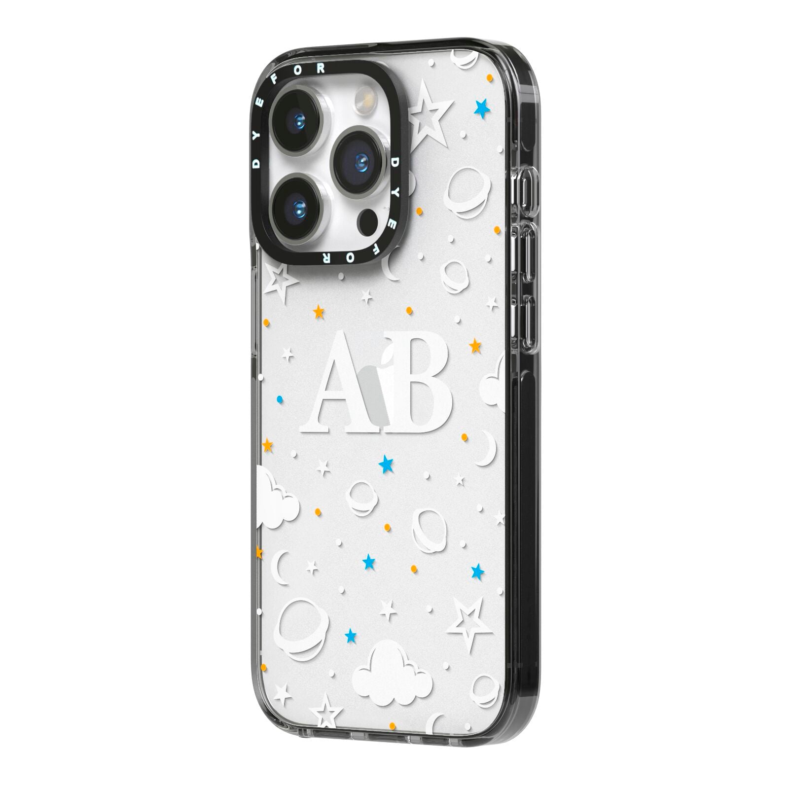 Astronomical Initials iPhone 14 Pro Black Impact Case Side Angle on Silver phone