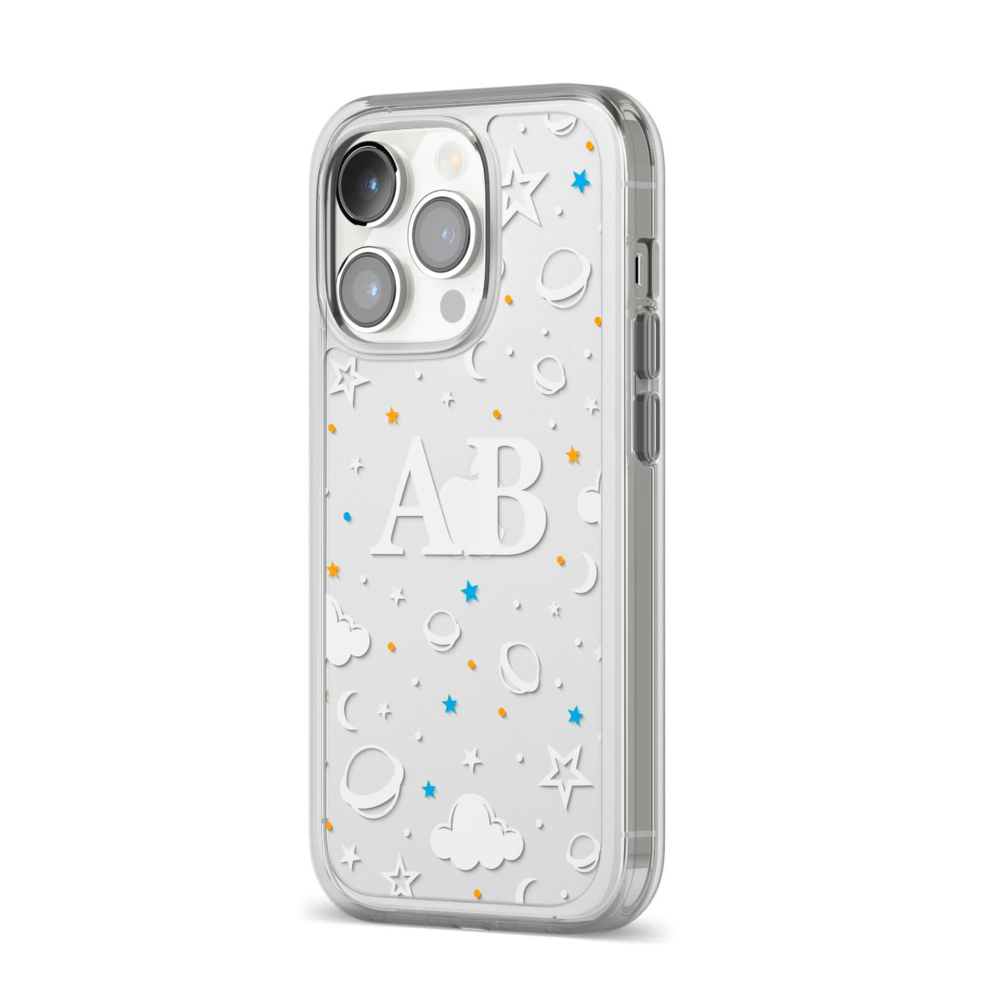 Astronomical Initials iPhone 14 Pro Clear Tough Case Silver Angled Image