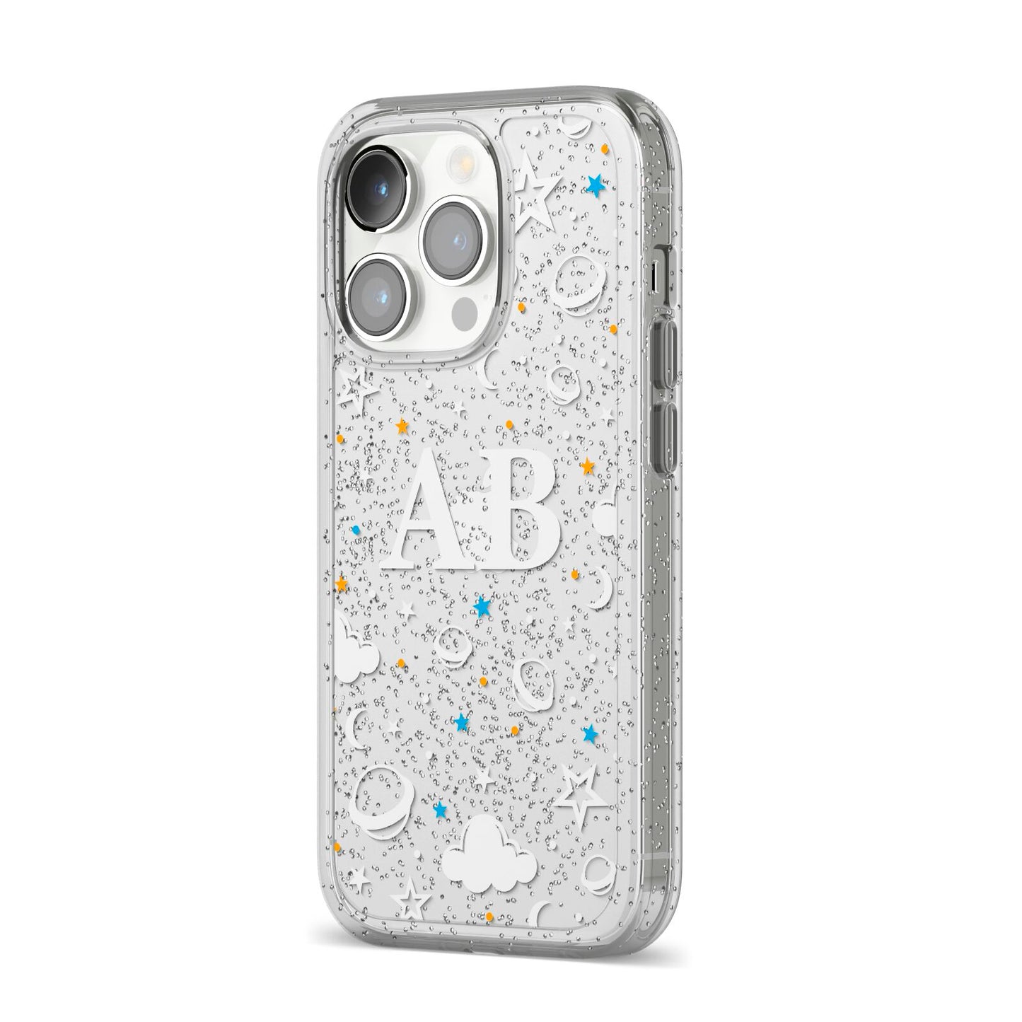 Astronomical Initials iPhone 14 Pro Glitter Tough Case Silver Angled Image