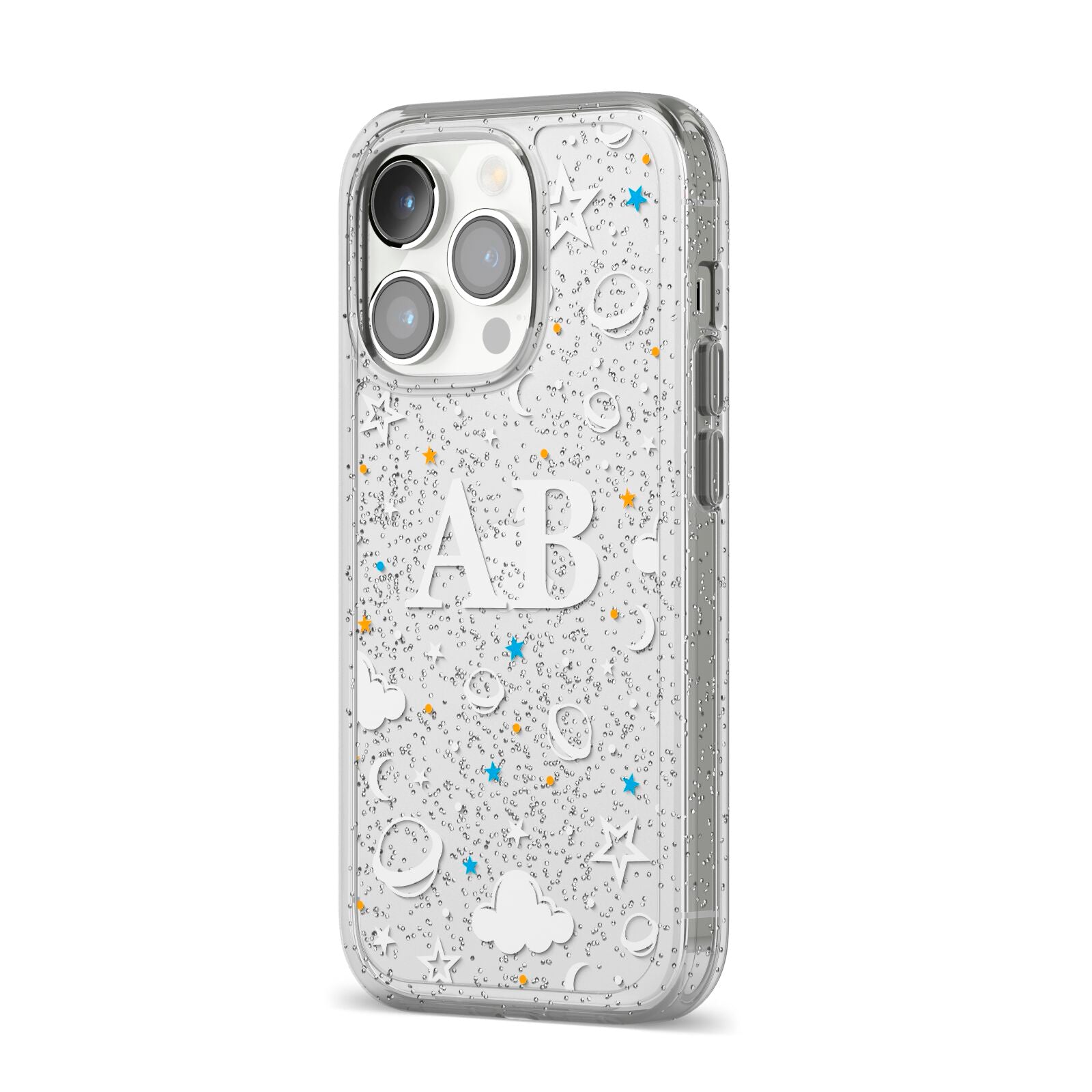 Astronomical Initials iPhone 14 Pro Glitter Tough Case Silver Angled Image