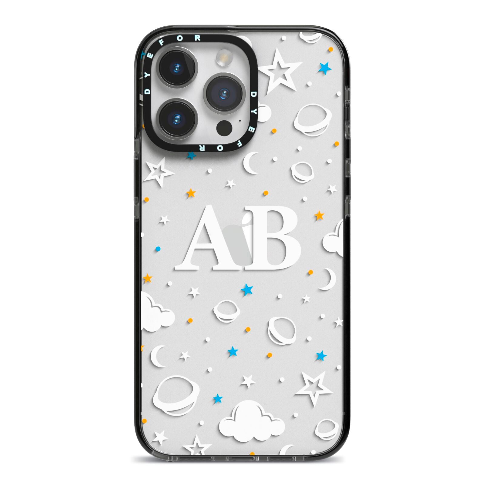 Astronomical Initials iPhone 14 Pro Max Black Impact Case on Silver phone