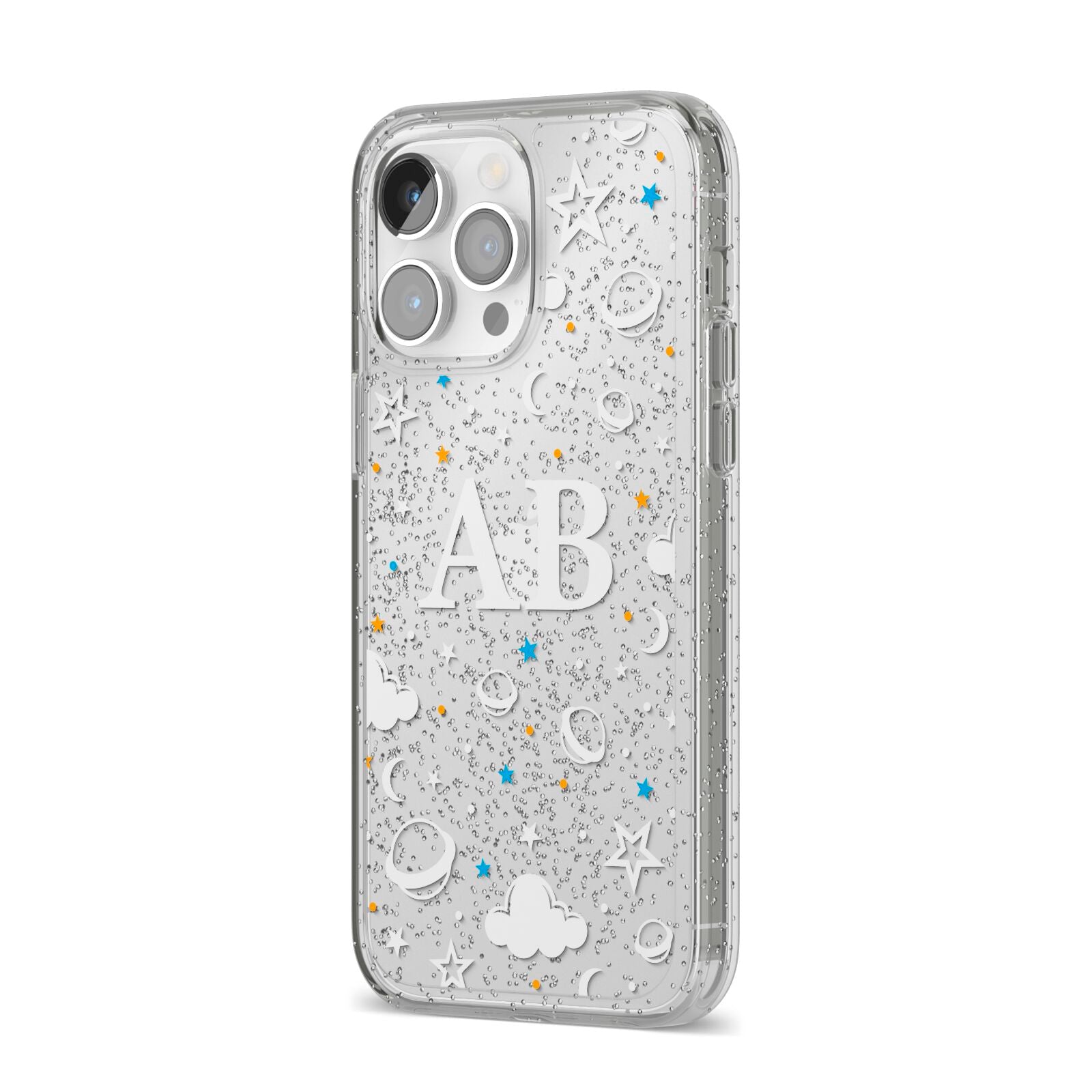 Astronomical Initials iPhone 14 Pro Max Glitter Tough Case Silver Angled Image