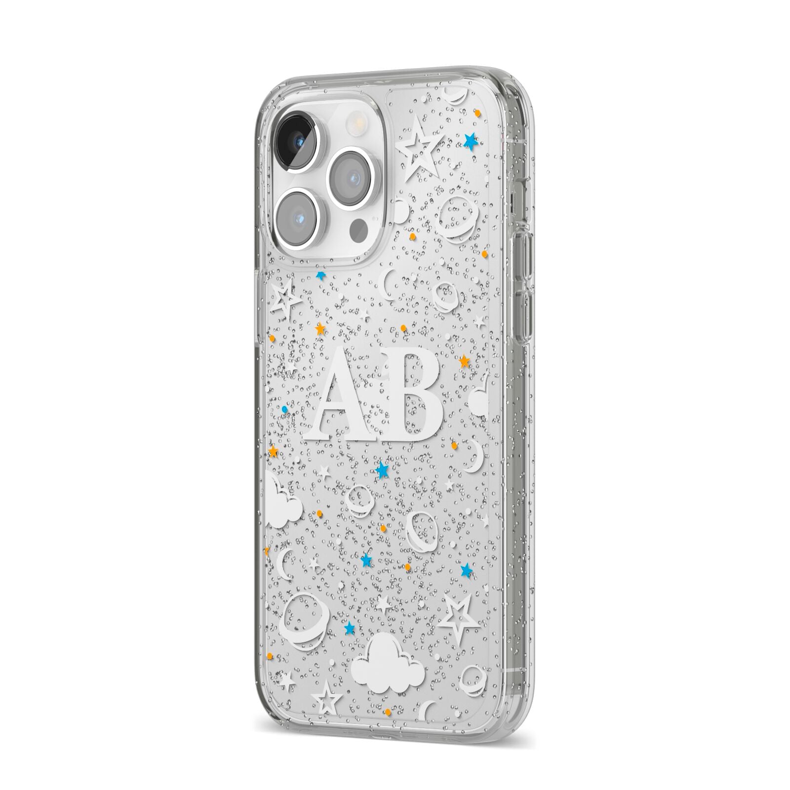 Astronomical Initials iPhone 14 Pro Max Glitter Tough Case Silver Angled Image
