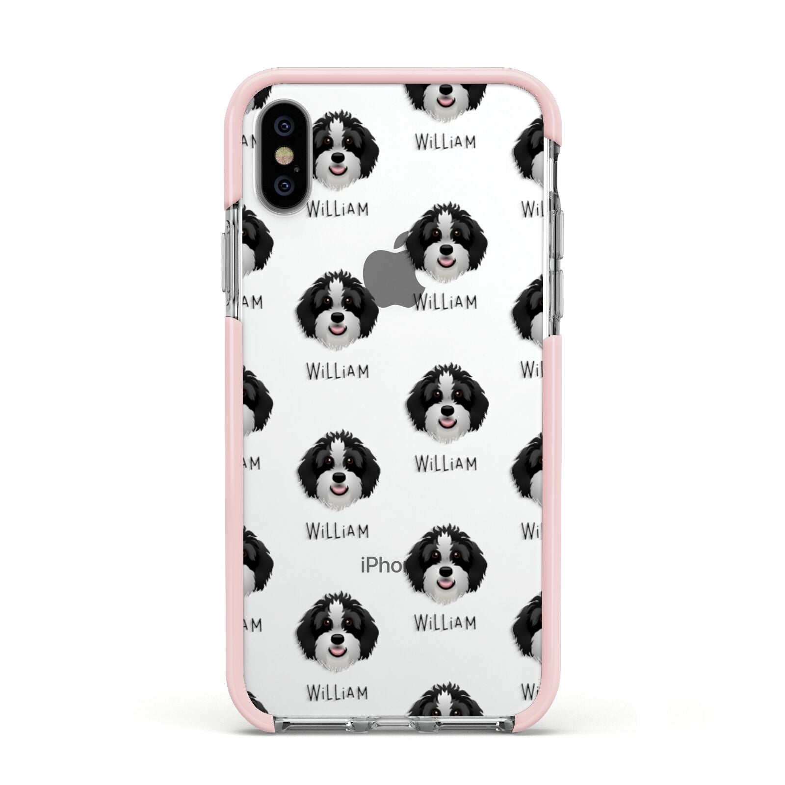 Aussiedoodle Icon with Name Apple iPhone Xs Impact Case Pink Edge on Silver Phone