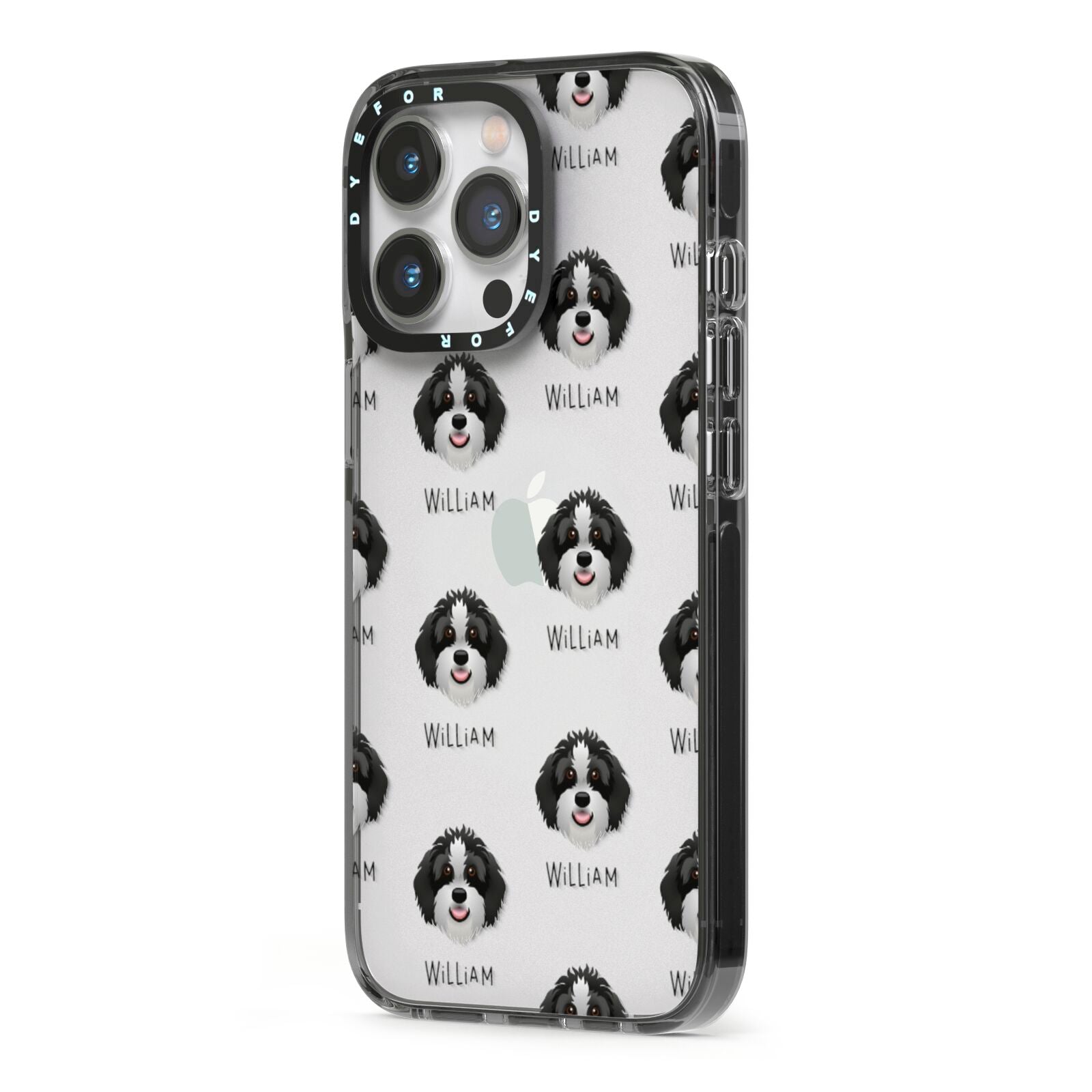 Aussiedoodle Icon with Name iPhone 13 Pro Black Impact Case Side Angle on Silver phone