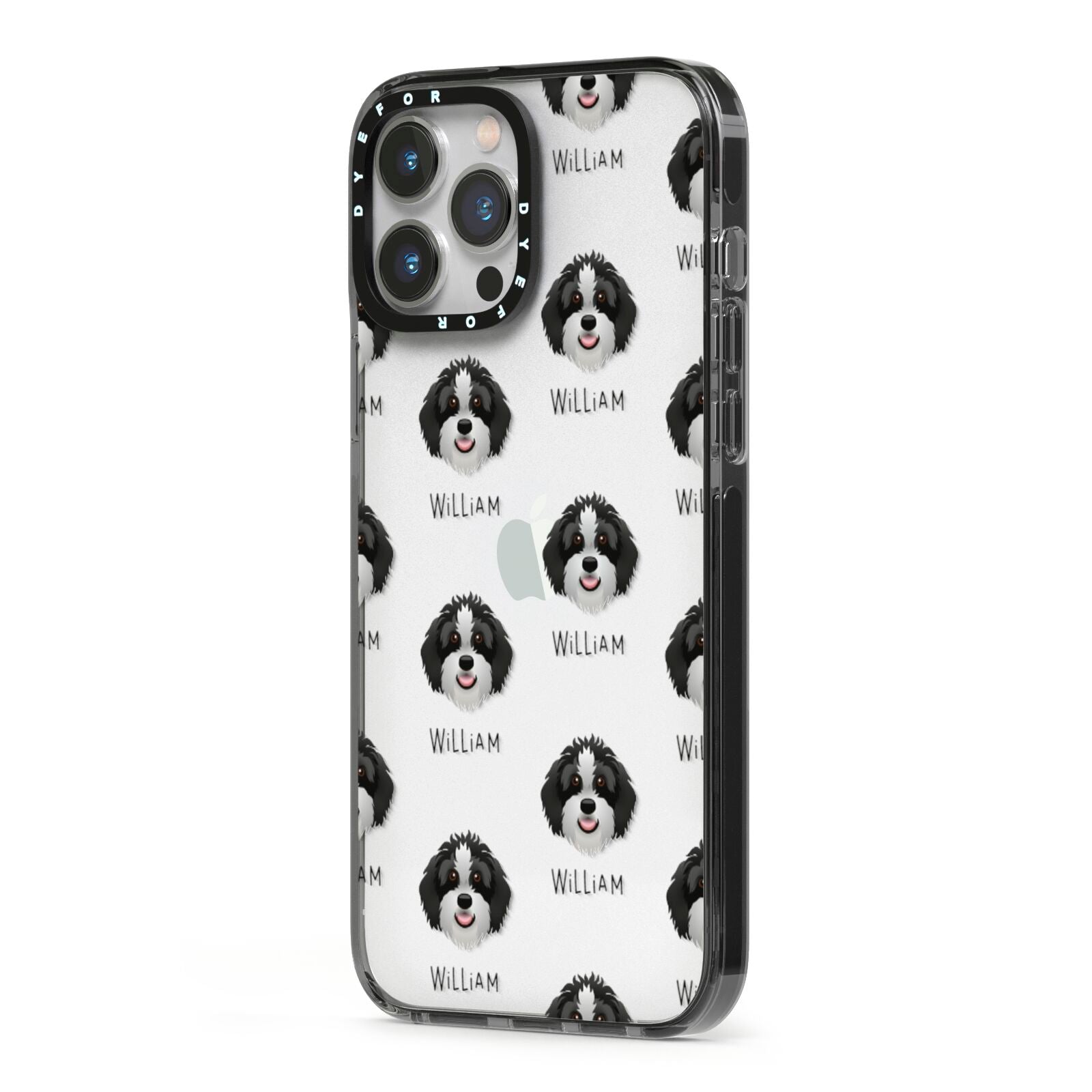 Aussiedoodle Icon with Name iPhone 13 Pro Max Black Impact Case Side Angle on Silver phone