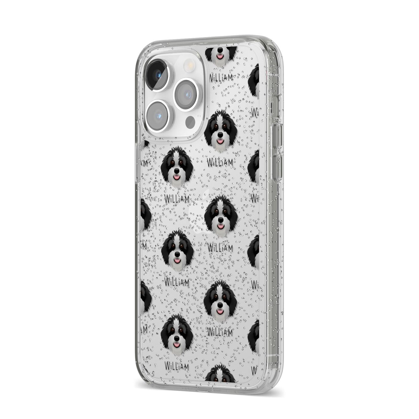 Aussiedoodle Icon with Name iPhone 14 Pro Max Glitter Tough Case Silver Angled Image