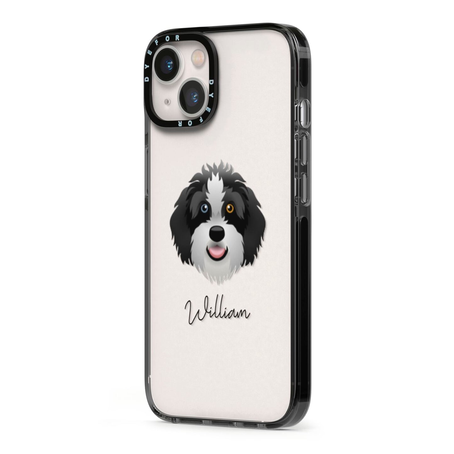 Aussiedoodle Personalised iPhone 13 Black Impact Case Side Angle on Silver phone