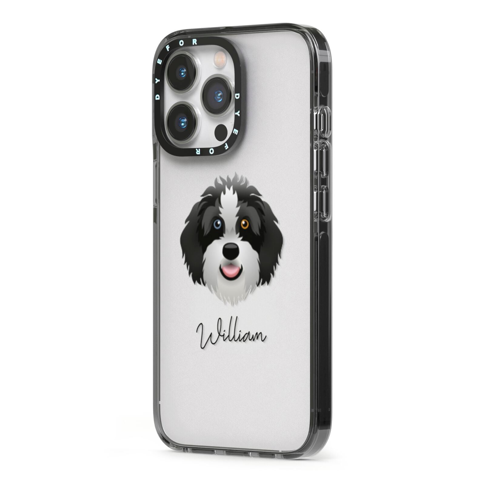 Aussiedoodle Personalised iPhone 13 Pro Black Impact Case Side Angle on Silver phone