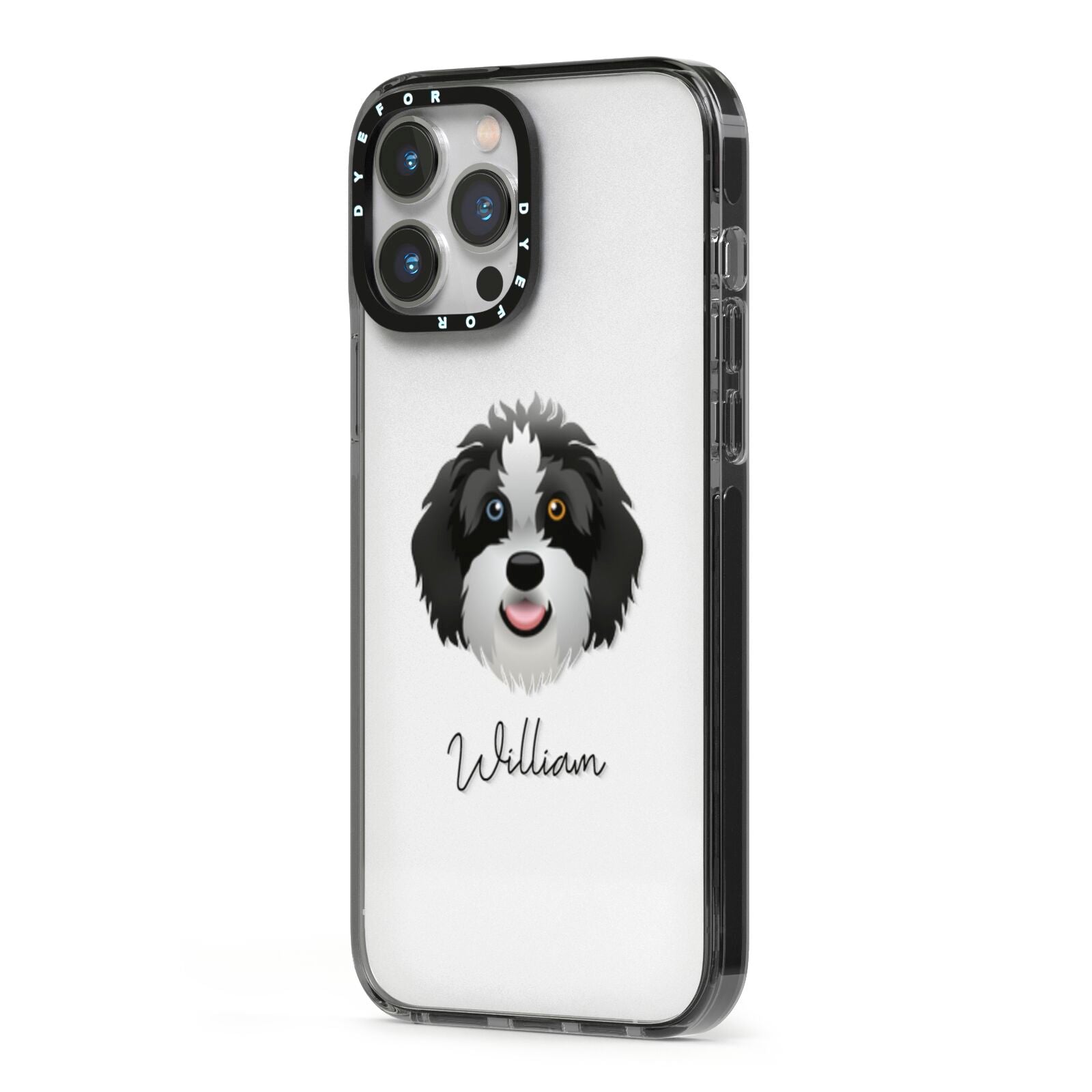 Aussiedoodle Personalised iPhone 13 Pro Max Black Impact Case Side Angle on Silver phone