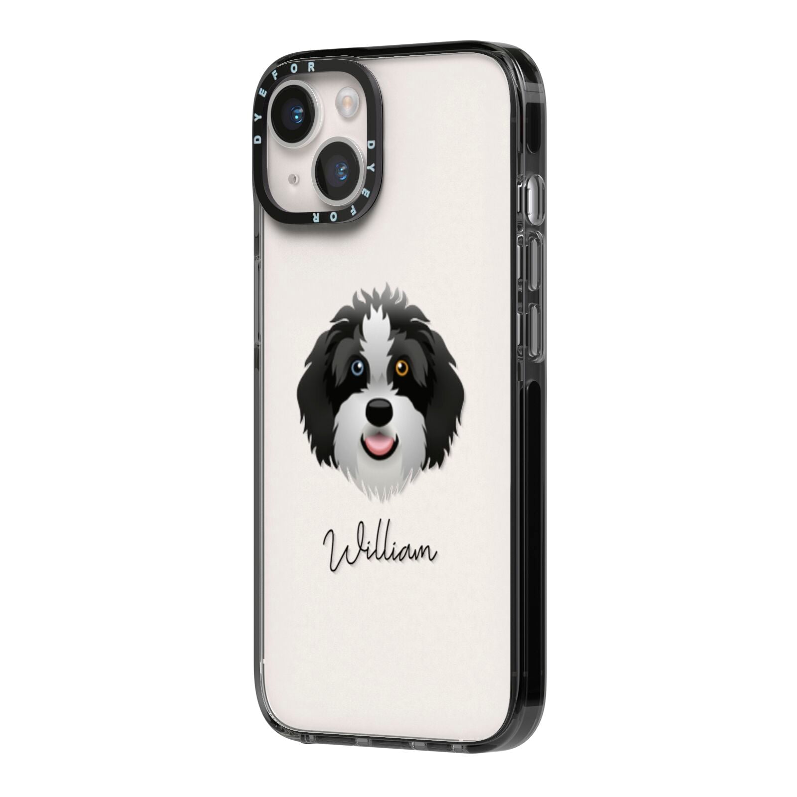 Aussiedoodle Personalised iPhone 14 Black Impact Case Side Angle on Silver phone