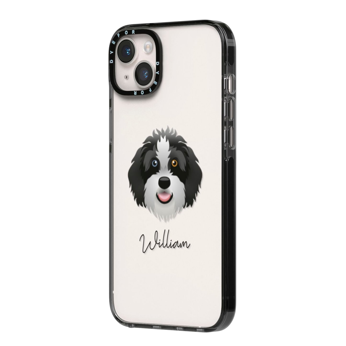 Aussiedoodle Personalised iPhone 14 Plus Black Impact Case Side Angle on Silver phone