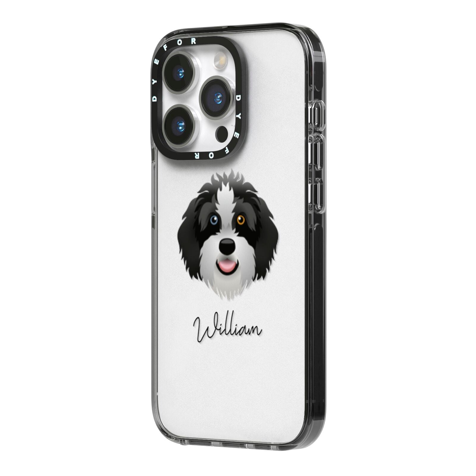 Aussiedoodle Personalised iPhone 14 Pro Black Impact Case Side Angle on Silver phone