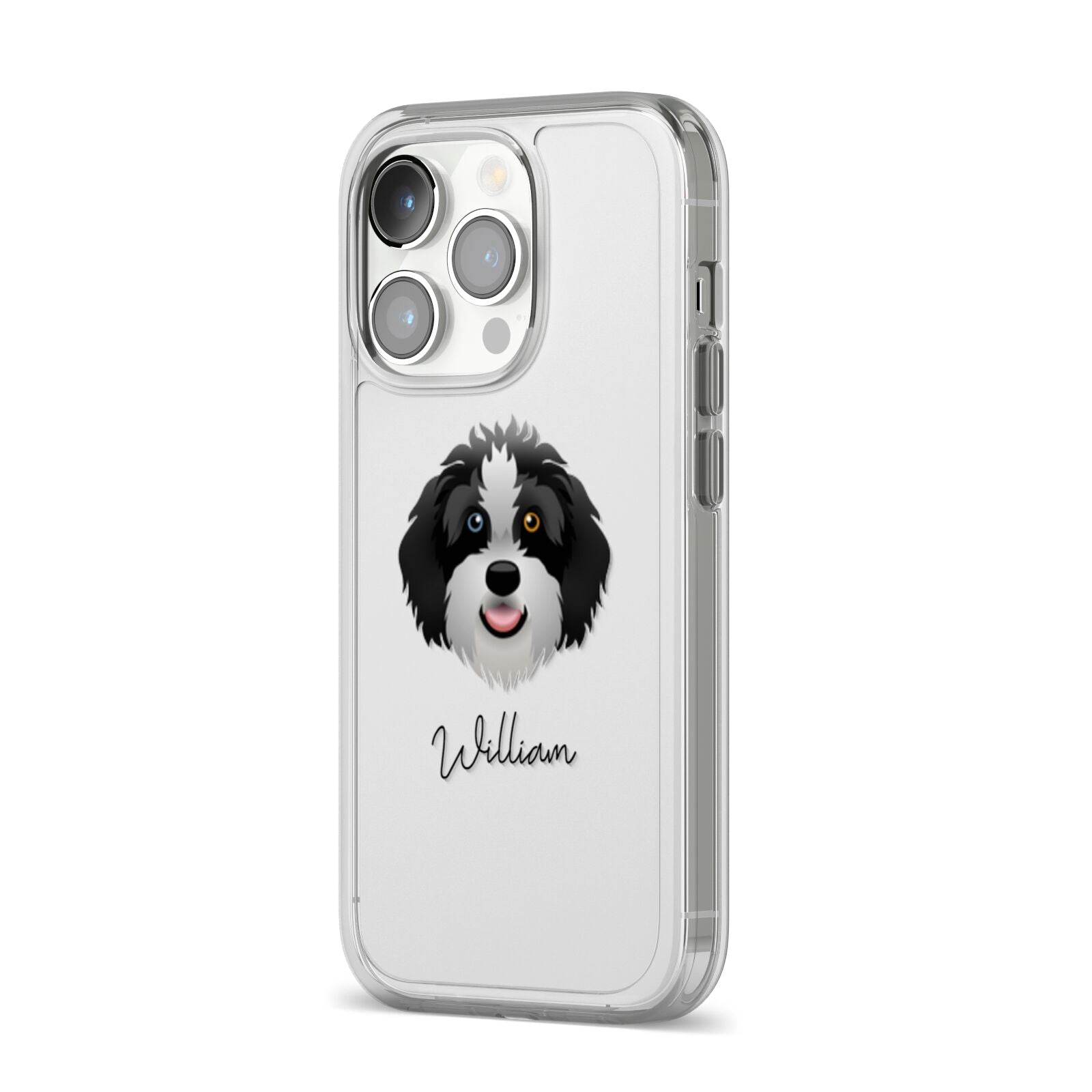 Aussiedoodle Personalised iPhone 14 Pro Clear Tough Case Silver Angled Image