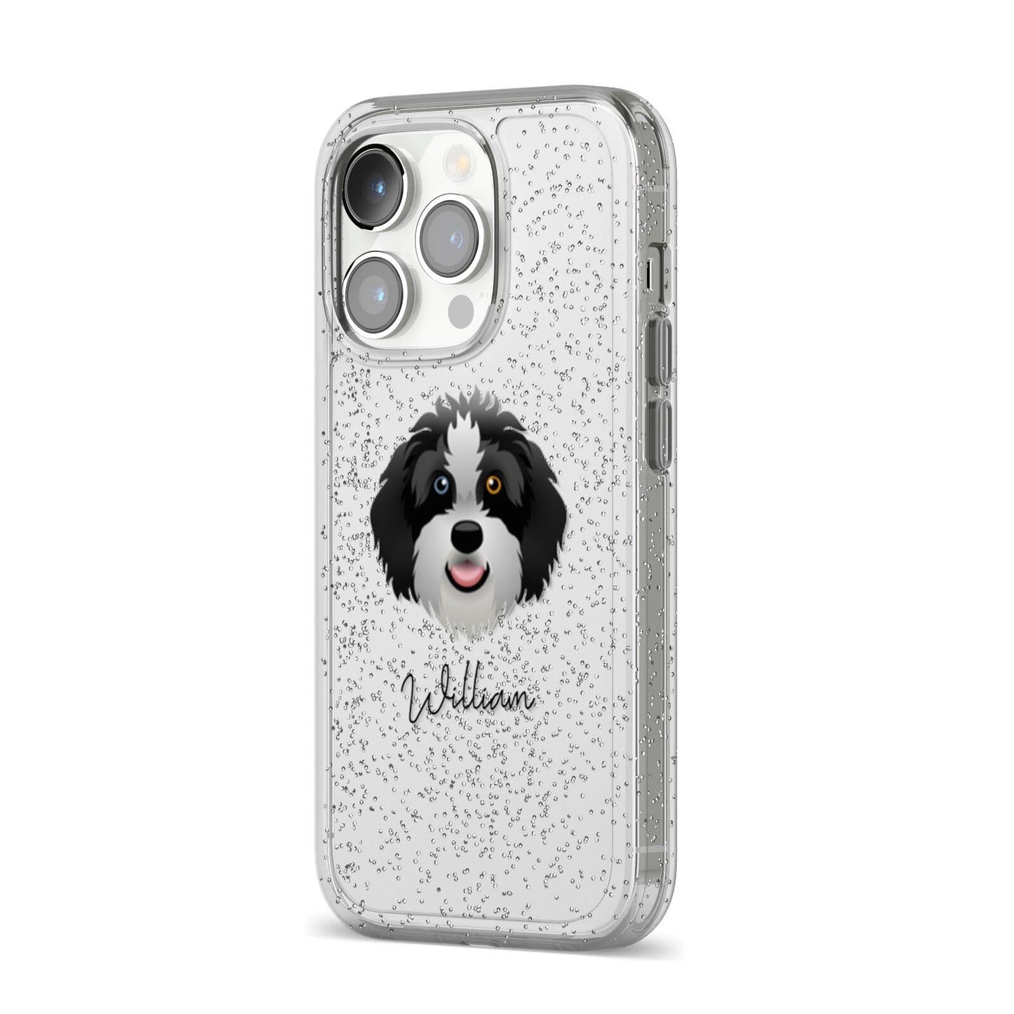Aussiedoodle Personalised iPhone 14 Pro Glitter Tough Case Silver Angled Image