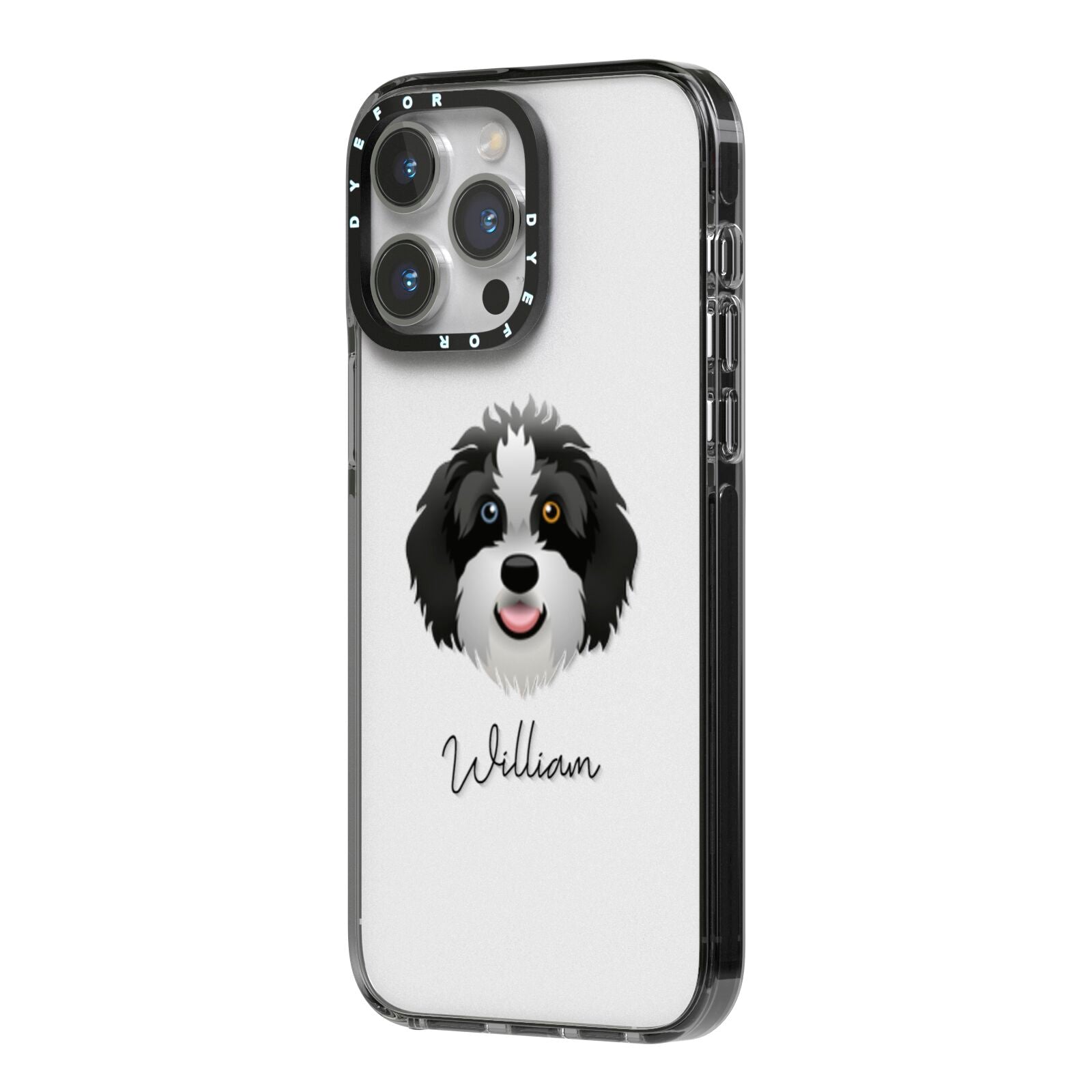 Aussiedoodle Personalised iPhone 14 Pro Max Black Impact Case Side Angle on Silver phone