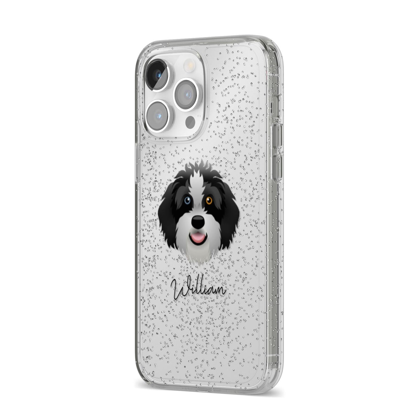 Aussiedoodle Personalised iPhone 14 Pro Max Glitter Tough Case Silver Angled Image