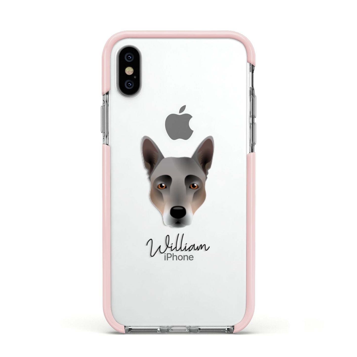 Australian Cattle Dog Personalised Apple iPhone Xs Impact Case Pink Edge on Silver Phone