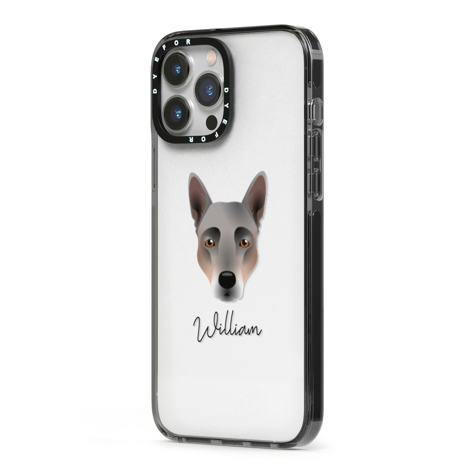 Australian Cattle Dog Personalised iPhone 13 Pro Max Black Impact Case Side Angle on Silver phone