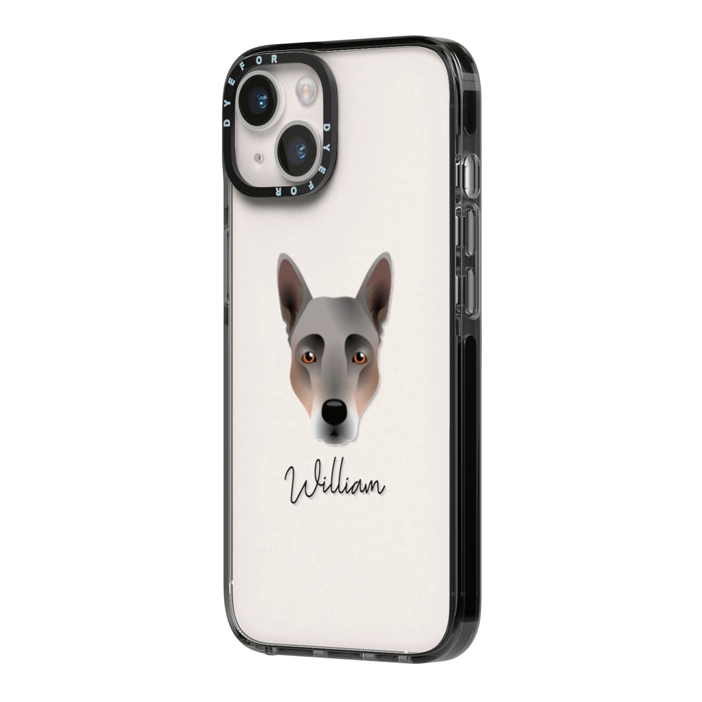 Australian Cattle Dog Personalised iPhone 14 Black Impact Case Side Angle on Silver phone