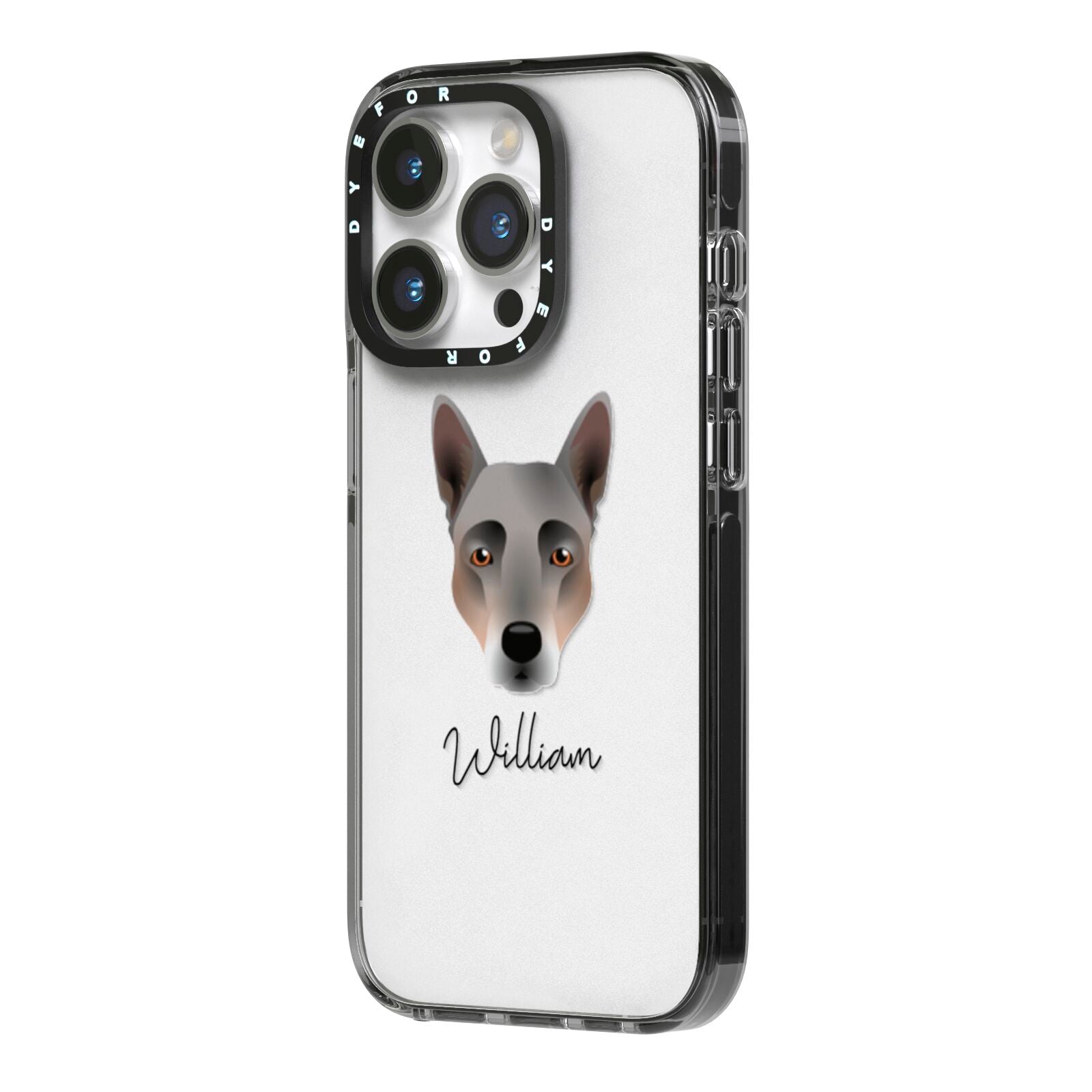 Australian Cattle Dog Personalised iPhone 14 Pro Black Impact Case Side Angle on Silver phone