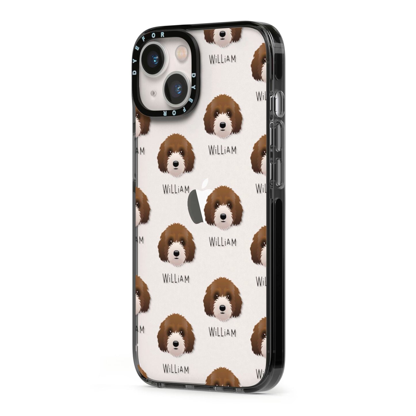 Australian Labradoodle Icon with Name iPhone 13 Black Impact Case Side Angle on Silver phone
