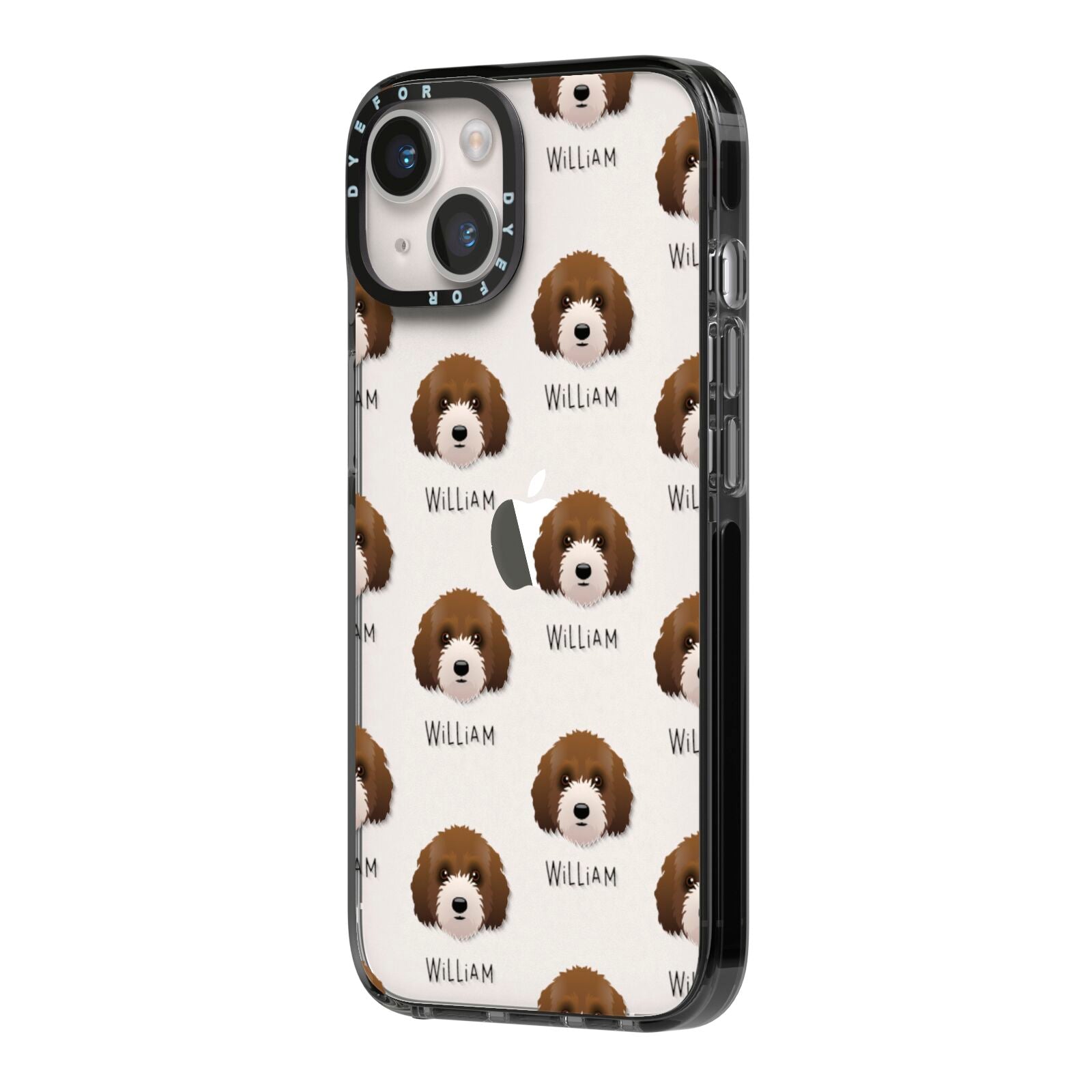 Australian Labradoodle Icon with Name iPhone 14 Black Impact Case Side Angle on Silver phone