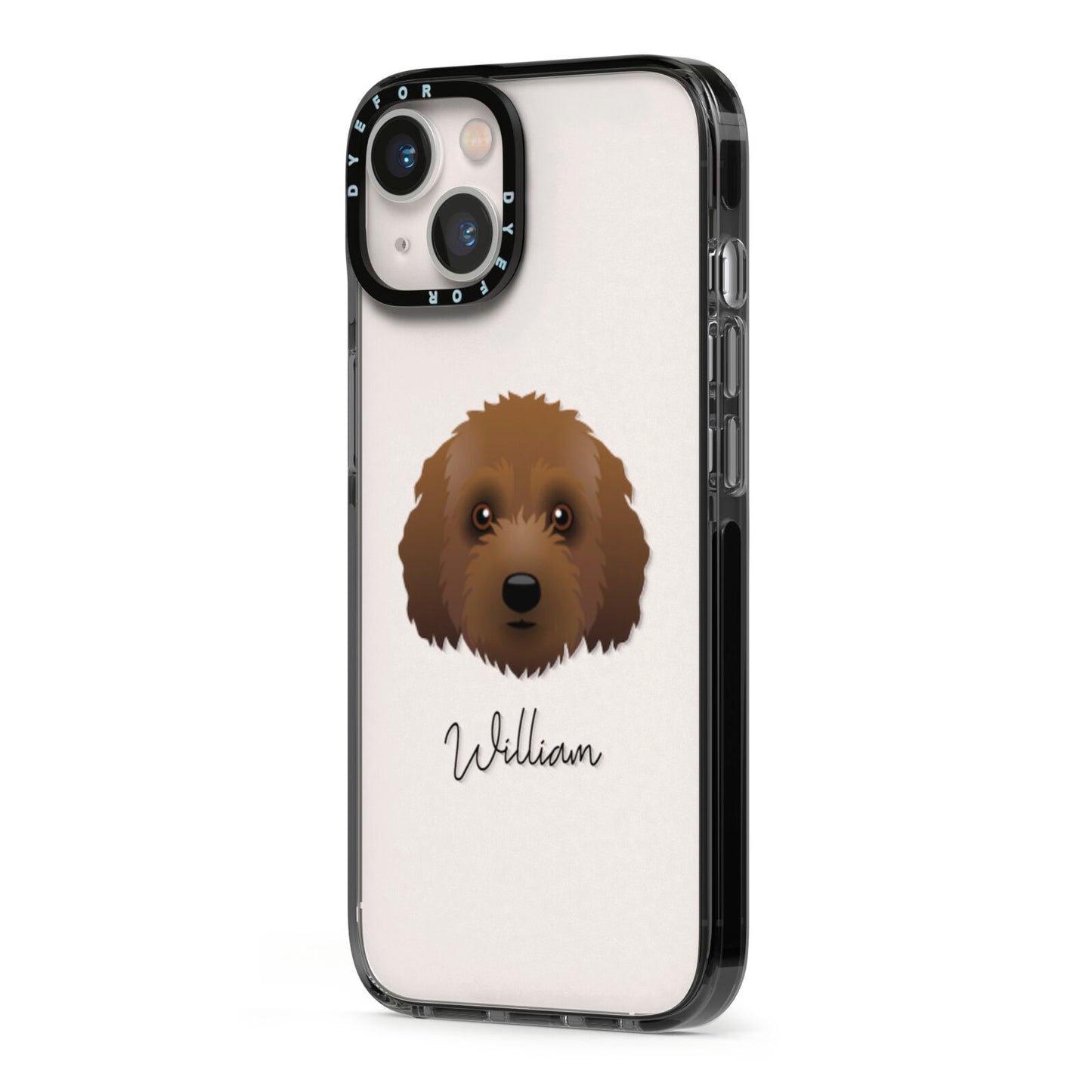 Australian Labradoodle Personalised iPhone 13 Black Impact Case Side Angle on Silver phone