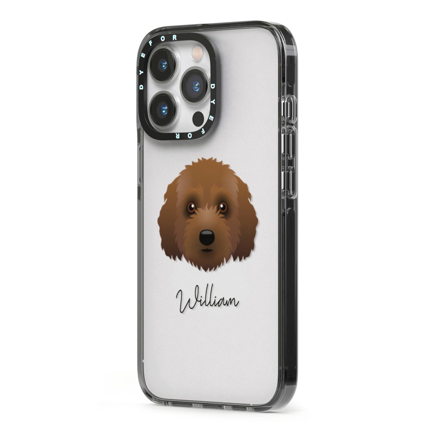 Australian Labradoodle Personalised iPhone 13 Pro Black Impact Case Side Angle on Silver phone