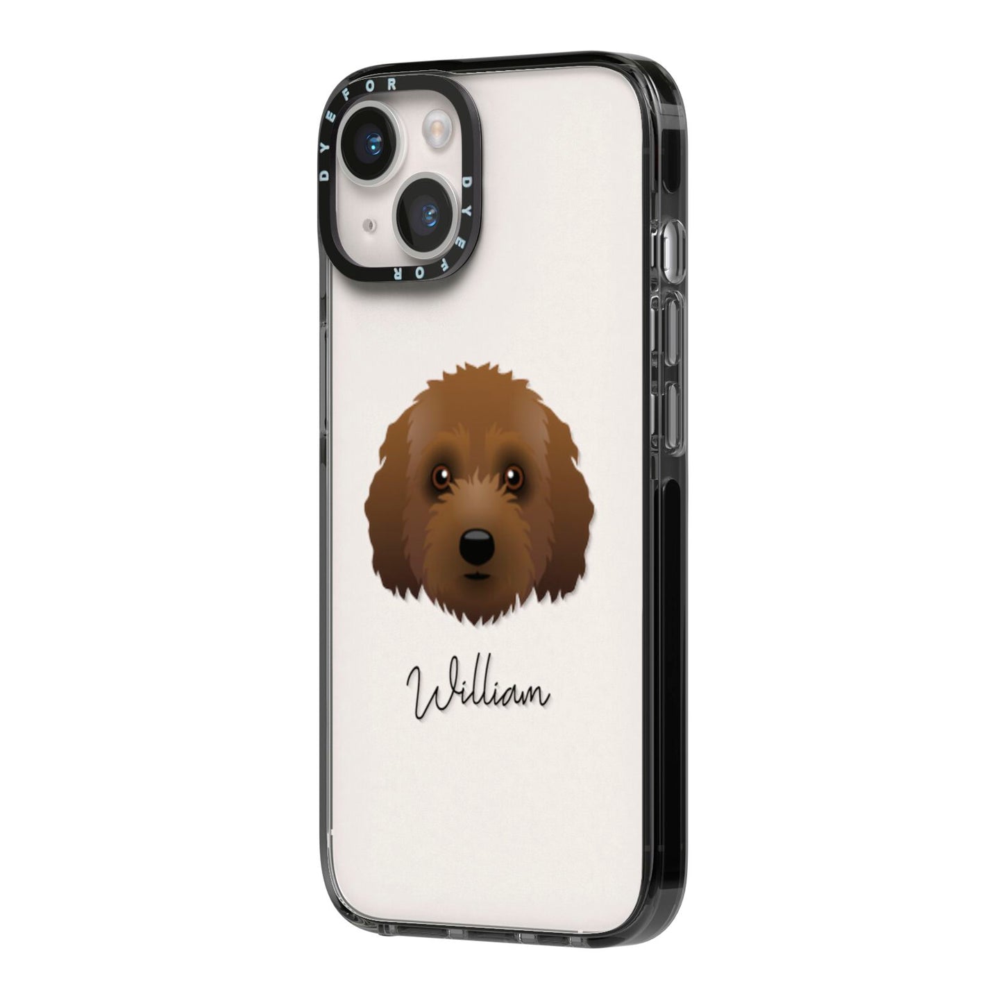 Australian Labradoodle Personalised iPhone 14 Black Impact Case Side Angle on Silver phone
