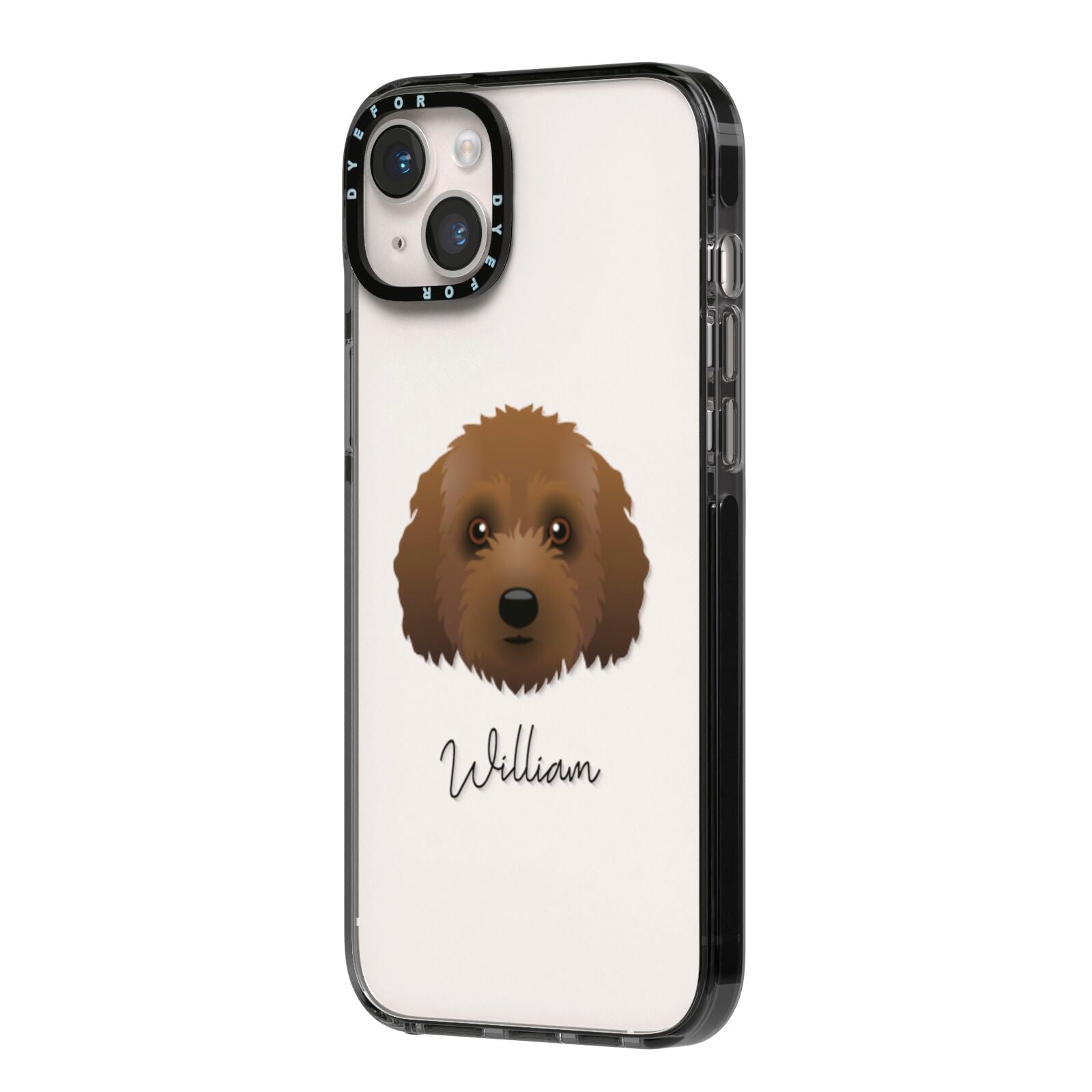 Australian Labradoodle Personalised iPhone 14 Plus Black Impact Case Side Angle on Silver phone